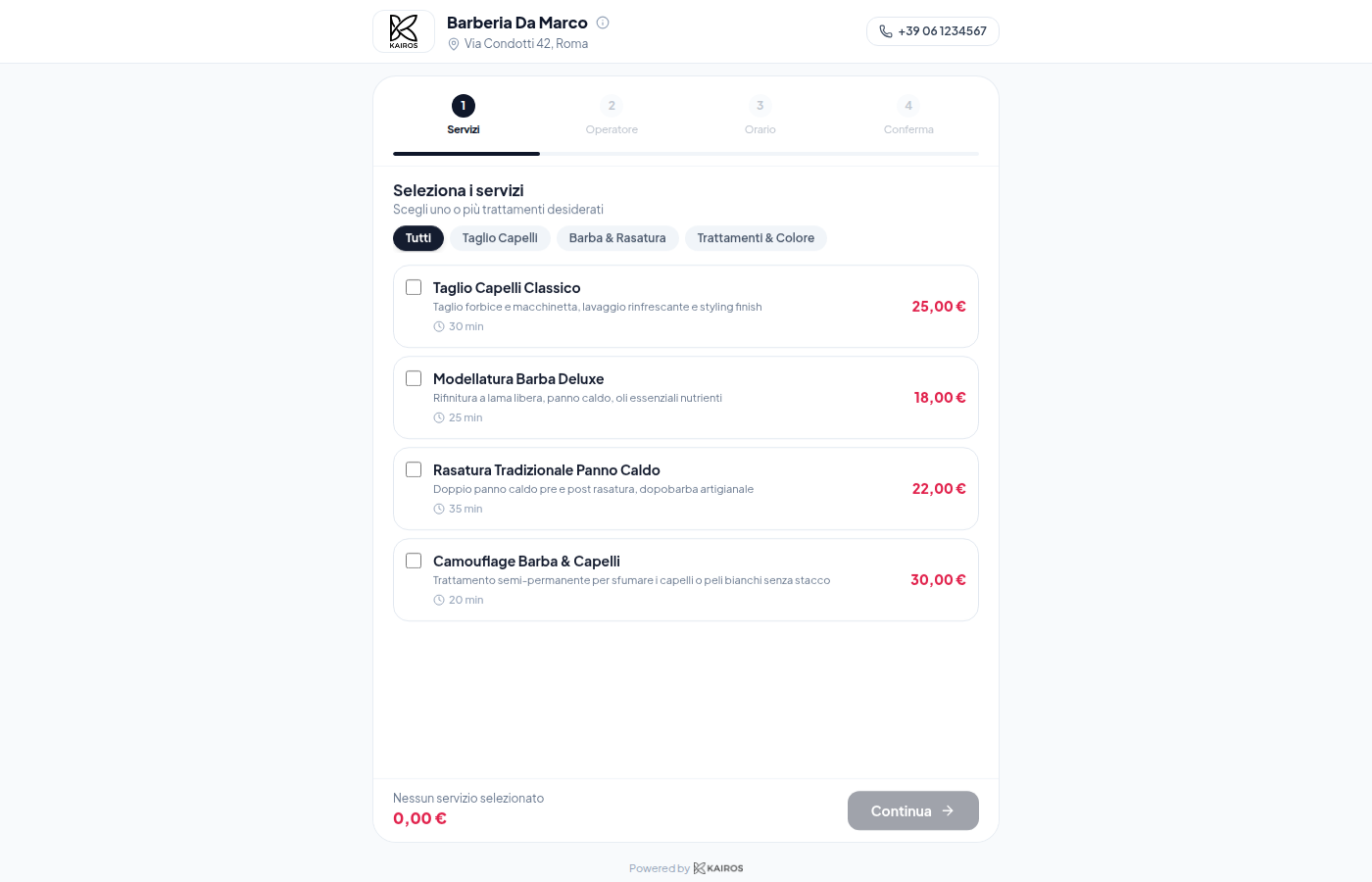 Schermata reale pagina booking online Kairos