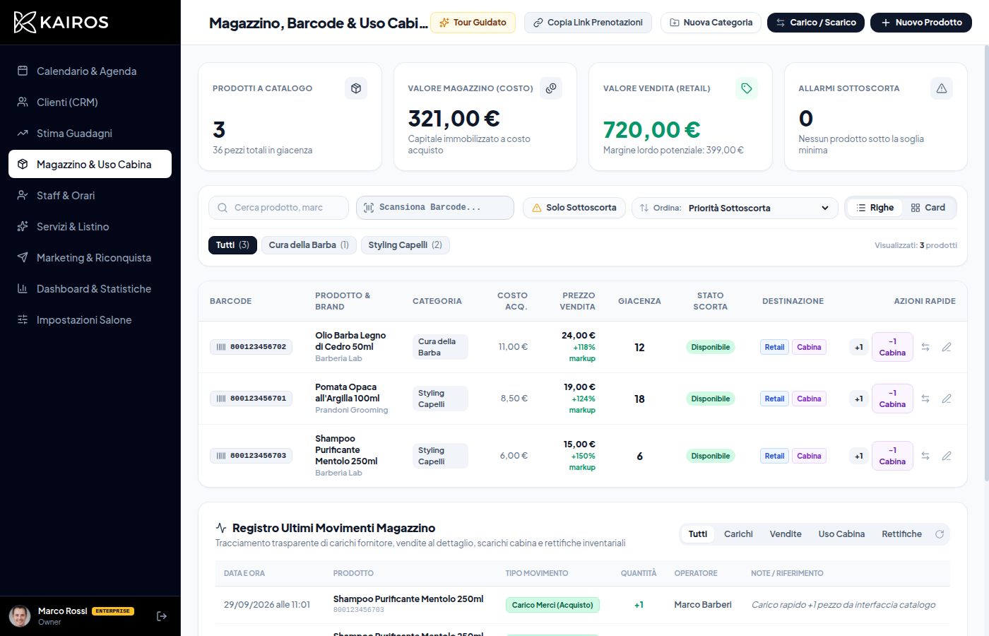 Schermata reale magazzino e scarico uso cabina Kairos