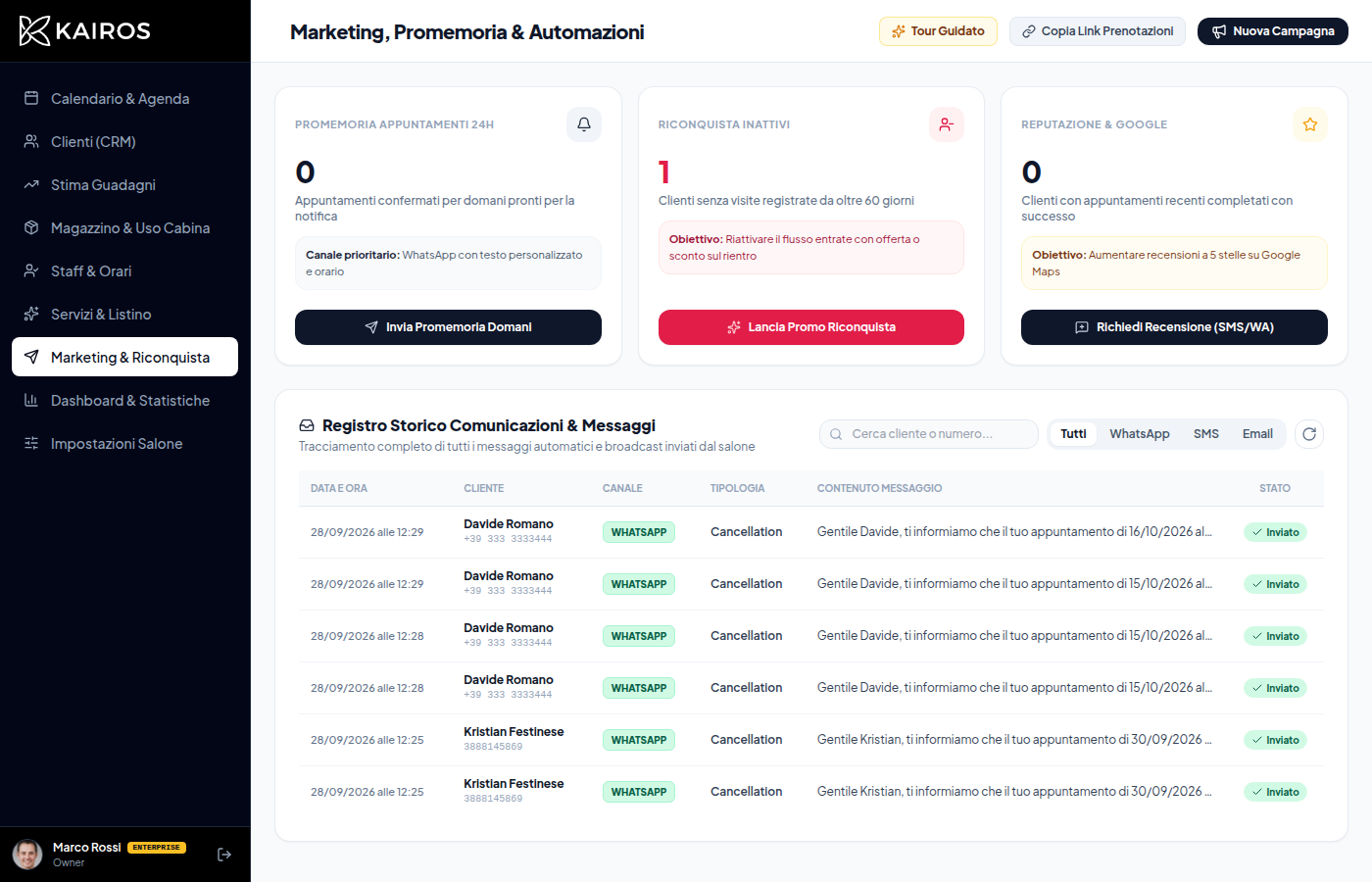 Schermata reale modulo marketing clienti inattivi Kairos